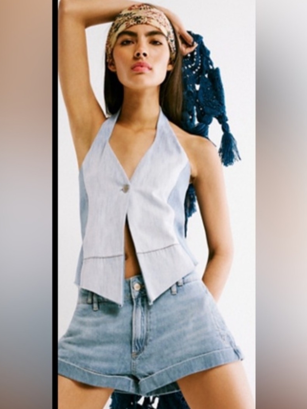 $135 NWT Sold Out FREE PEOPLE X TRICIA FIX split denim halter vest,  size L